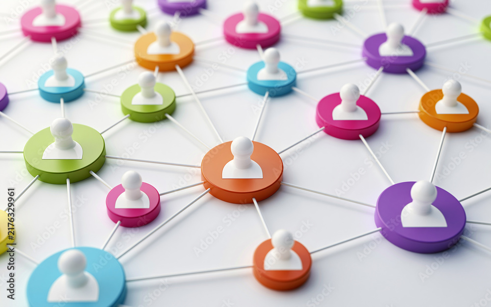 Fototapeta premium Colorful circular icons representing people are connected by lines on a white background, illustrating a network or social graph.