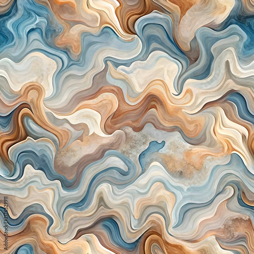 Abstract marbled design with muted tones of beige. blue. and brown. Intricate wavy patterns create a dynamic. textured aesthetic for interior design or branding purposes.
