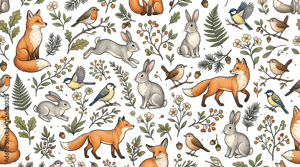 Fototapeta premium Seamless pattern with cute forest animals and birds