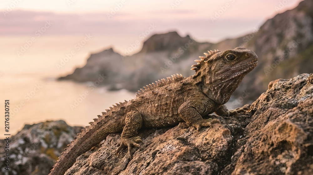 Obraz premium Sunlit lizard rests on coastal rocks.