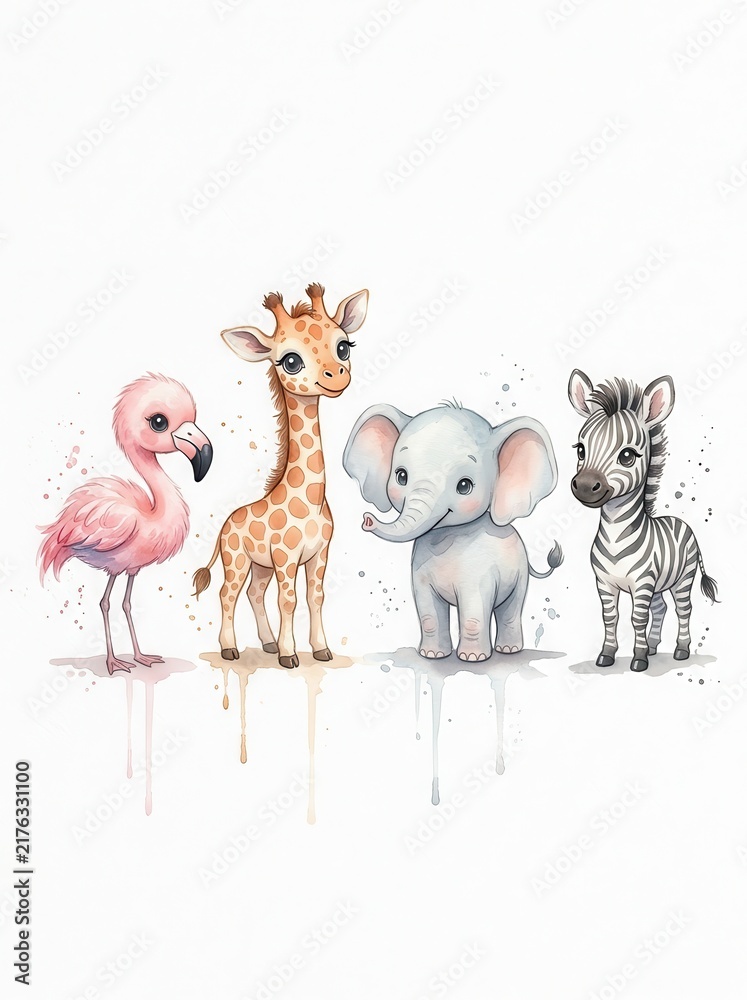 Fototapeta premium Cute Watercolor Baby Safari Animals Set with Flamingo, Giraffe, Elephant, and Zebra for Nursery Decor