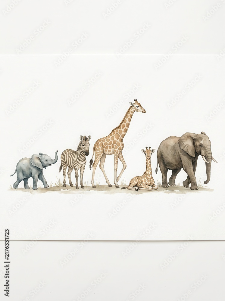Fototapeta premium Watercolor African Safari Animals Illustration with Elephant, Giraffe, and Zebra for Nursery Wall Art Decor