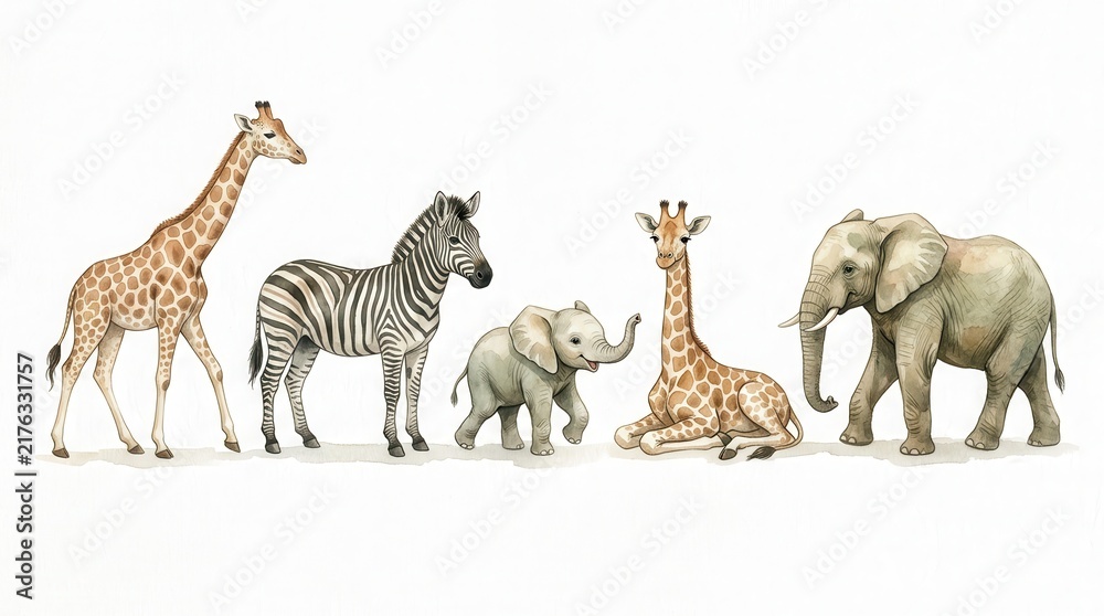 Fototapeta premium Watercolor African Safari Animals Set with Giraffes, Zebra, and Elephants Isolated on White Background for Nursery Decor