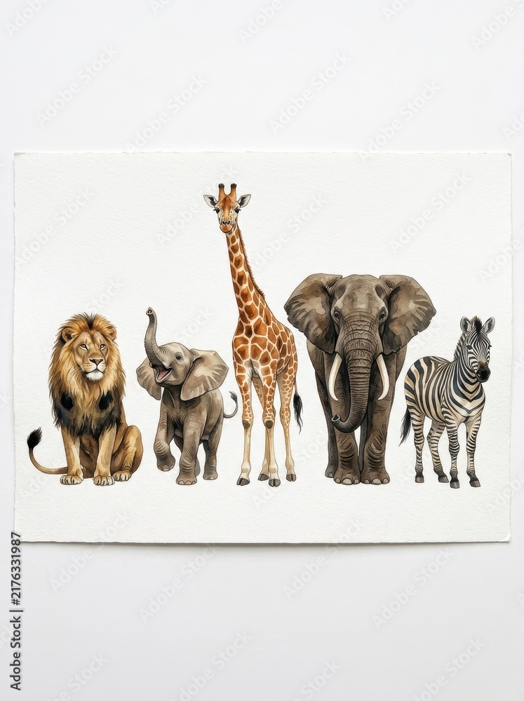 Naklejka premium Detailed Watercolor Illustration of African Safari Animals Including Lion, Giraffe, Zebra, and Elephants on White Background