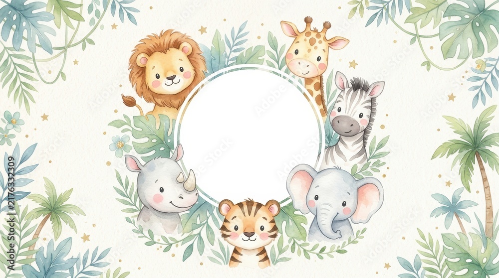 Fototapeta premium Cute Watercolor Safari Animals Frame with Lion Elephant Tiger Giraffe Zebra and Rhino for Nursery Decor and Baby Shower