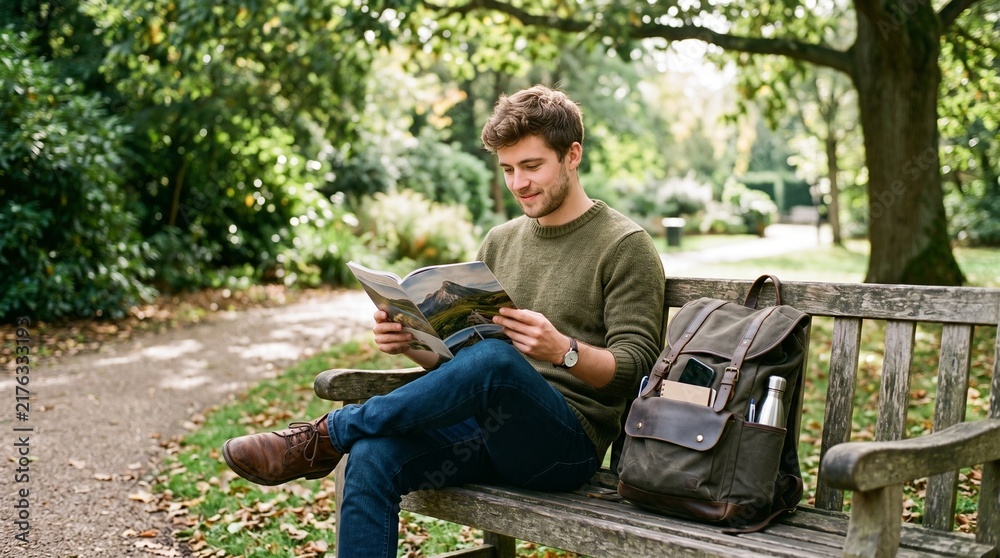 Obraz premium Young man reading a magazine on a park bench with a backpack next to him
