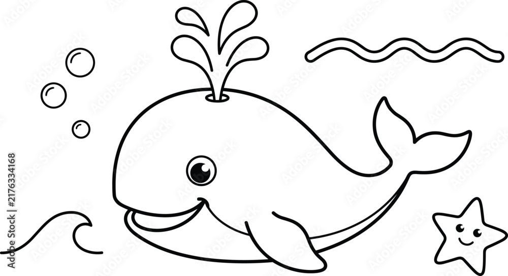 Obraz premium Cute Coloring Page Featuring a Happy Cartoon Whale Spouting Water with a Starfish and Ocean Waves for Kids Activity Books and Education