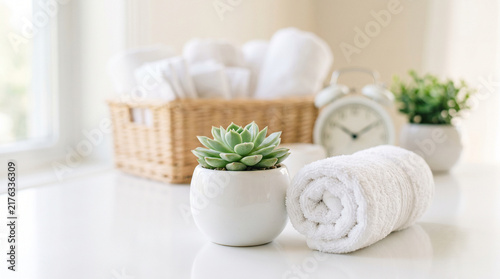 Relaxing Spa Bathroom Decor with Fresh White Towels and Green Succulent Plant