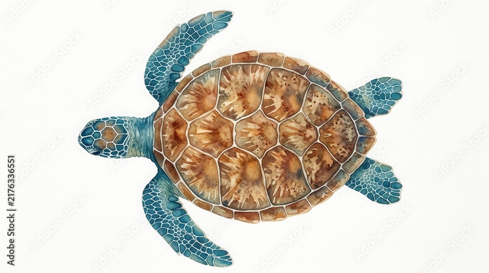 Fototapeta premium Beautiful Watercolor Painting of a Green Sea Turtle Swimming, Top View Isolated on White