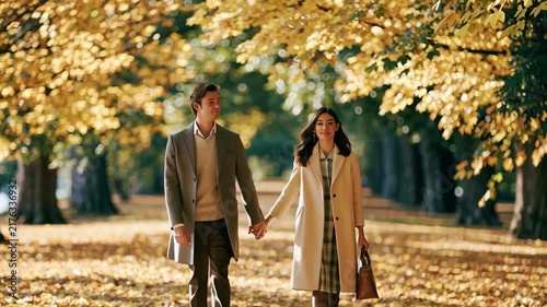 Couple Holding Hands And Walking Together In Autumn Park, Romantic Mood