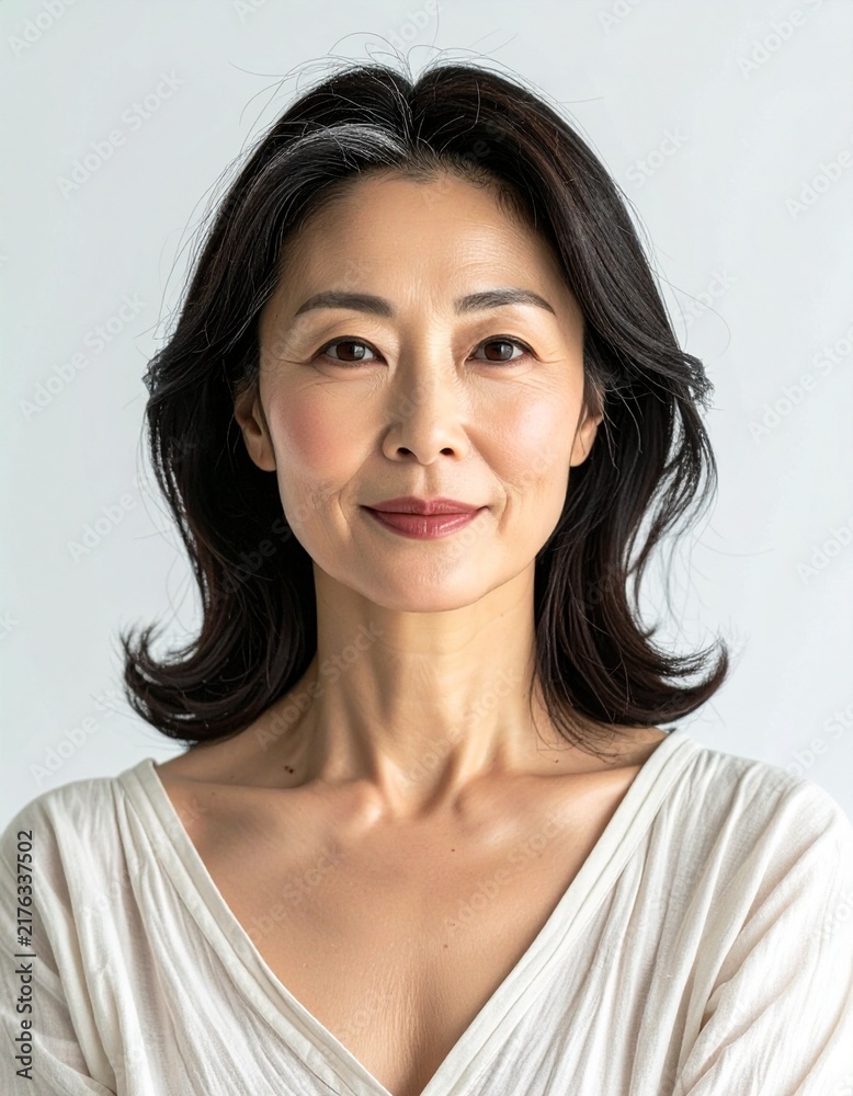 Fototapeta premium 白背景で微笑む40代アジア人女性のポートレート|上品で自然な美しさ・スタジオ撮影