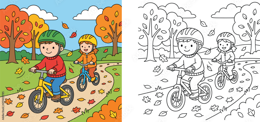Naklejka premium Cute kids riding bicycles in autumn park vector illustration with coloring page, children cycling with helmets among falling leaves
