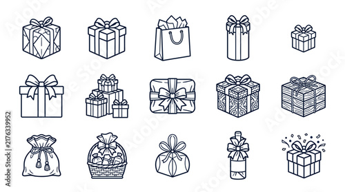 Collection of line art gift boxes and presents
