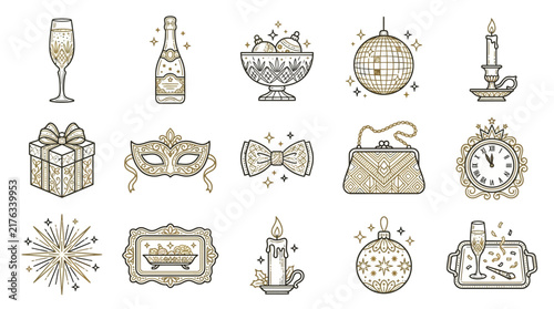 Elegant vector icons for festive celebrations, New Year's Eve, and holiday parties.