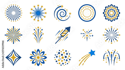 Collection of blue and gold fireworks and celebration icons