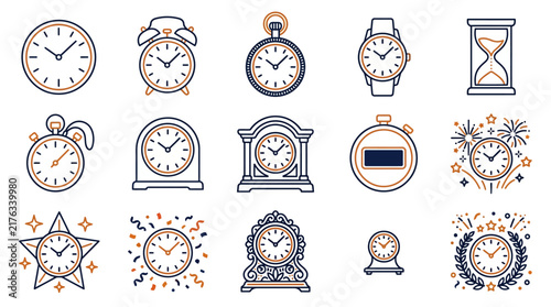 Collection of various clocks and timepieces icons