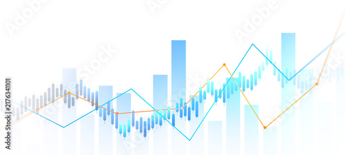 Transparent stock market chart with candlestick bars and rising trend line. Digital finance background showing trading, investment growth, profit analysis and economic data.	
