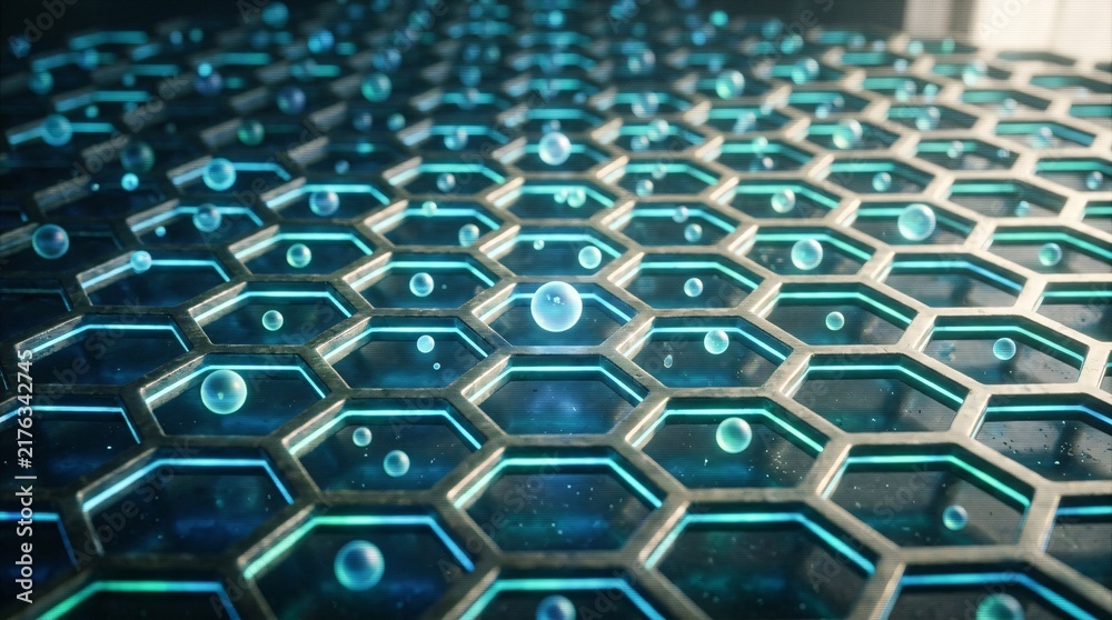 Naklejka premium A glowing hexagonal grid structure with floating spheres in space