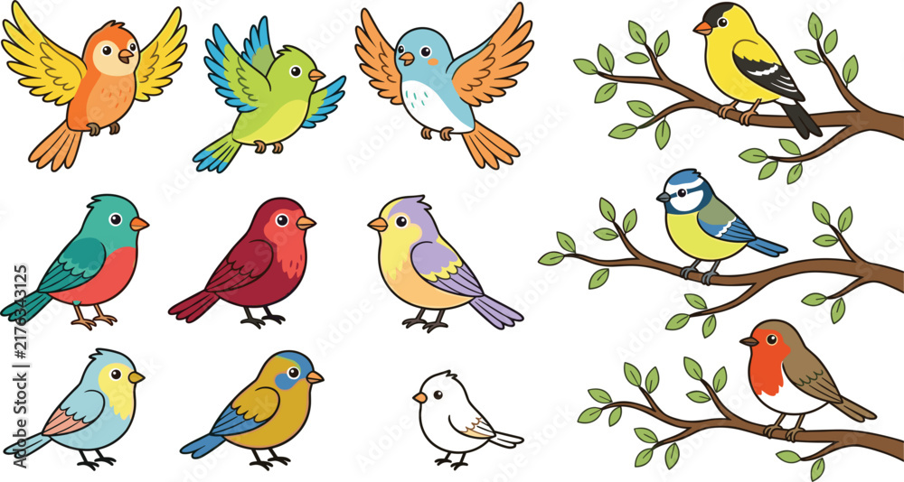 Naklejka premium Cute cartoon garden birds collection with flying and perched little songbirds on tree branches isolated on white background vector