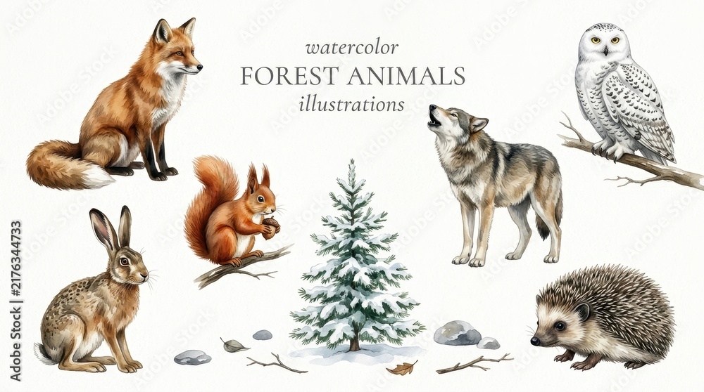 Obraz premium Watercolor Forest Animals Set with Fox, Wolf, Owl, Squirrel, Hare, Hedgehog and Snowy Pine Tree