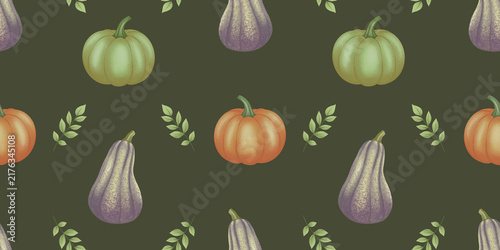 Autumn Pumpkin and Gourd Seamless Pattern with Botanical Leaves on Dark Olive Green Background