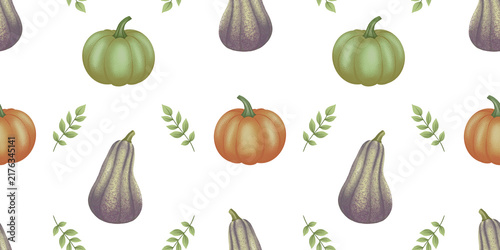 Autumn Pumpkin Seamless Pattern with Botanical Leaves on Transparent Background