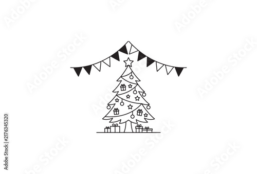 Minimalist Christmas tree line art vector, festive holiday pine with bunting flags, simple winter celebration illustration