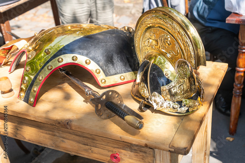 Foto 19th century Austrian dragoon cavalry helmet, breastplate and sword