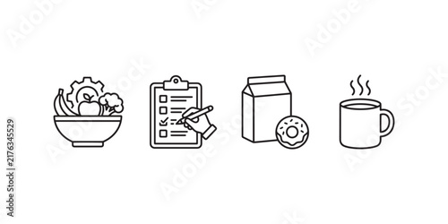Minimalist healthy lifestyle icon set, 4 line art vectors for nutrition and routine, diet planning and breakfast icons