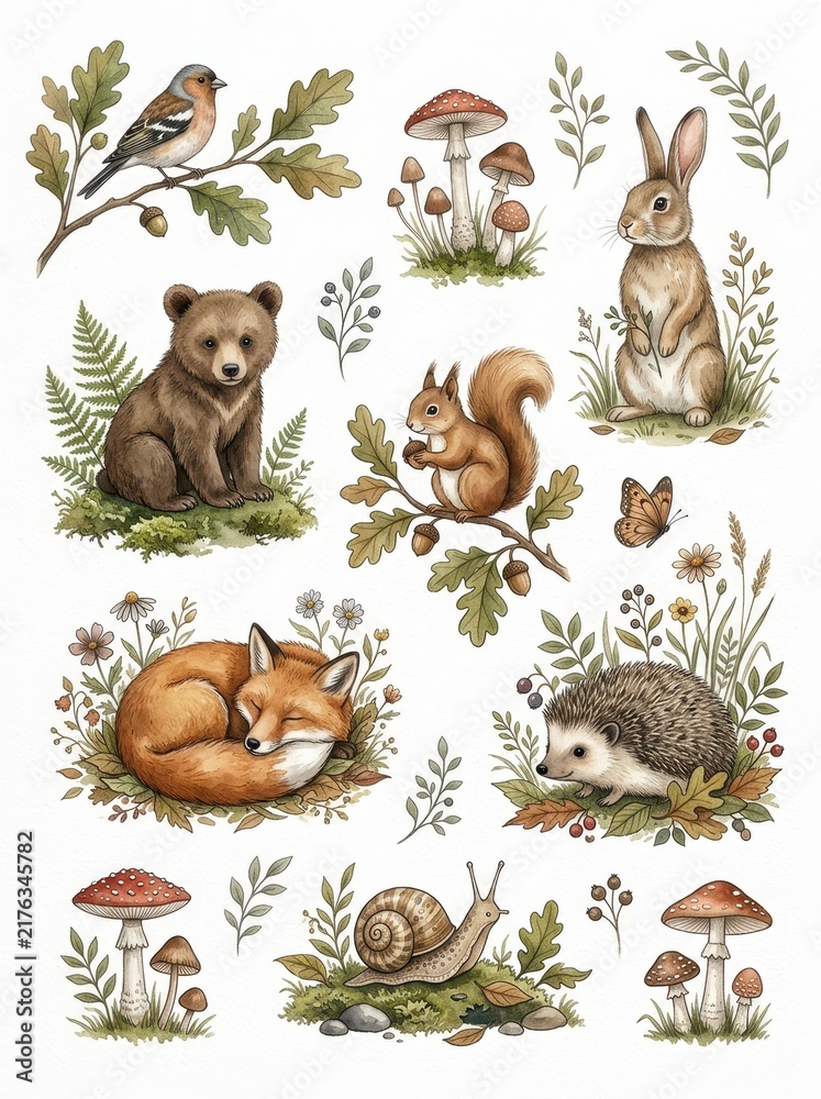 Obraz premium Watercolor Woodland Animals and Forest Elements Clip Art Set with Bear, Fox, Rabbit, Squirrel, and Hedgehog