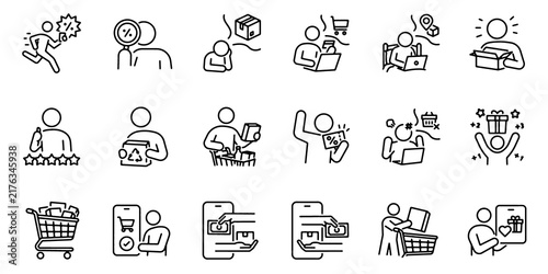 Online Shopping Thin Line Editable Stroke Icon Set. E-commerce, Delivery, Consumer Experience, Promotions, Online Purchase. Vector Illustration.