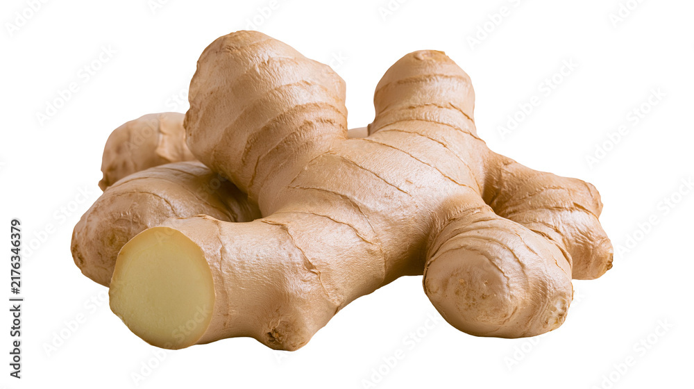 Fototapeta premium Fresh raw ginger root with a sliced cross section showing light yellow interior