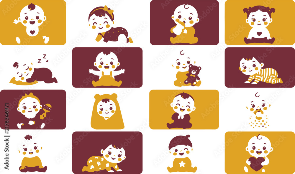 Obraz premium A collection of cute baby icons featuring various daily activities and expressions in flat style.
