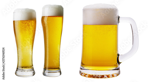 Obraz na plátně Three glasses of golden lager beer with thick white foam heads