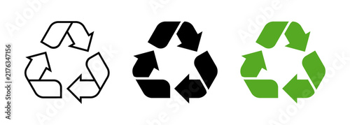 Recycle symbol icons on transparent background, SVG, PNG. Recycle vector logo with flat green, solid black and black outline.	
