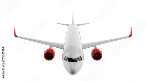 Konstfotografi White passenger jet airplane with red engine cowlings and winglet tips