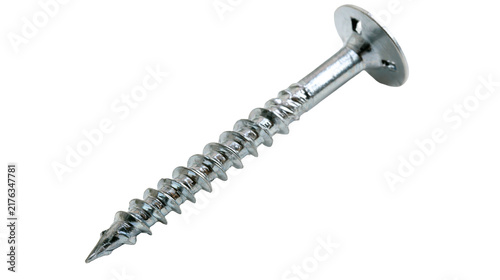 Fotografie Silver metal wood screw with flat countersunk head and sharp threaded shank