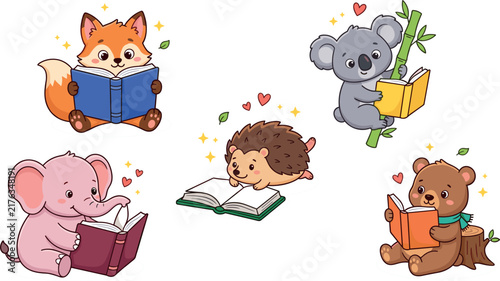 Cute Reading Animals Vector Character Set Featuring Smart Fox Elephant Hedgehog Koala and Bear Studying Books for School and Library Designs