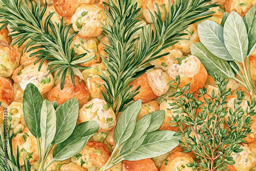 Obraz premium Watercolor full-frame illustration of thanksgiving stuffing and herbs with bread stuffing, fresh rosemary and sage, with fine textured detail across the composition