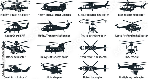 Military and Civilian Helicopter Silhouette Icon Set Featuring Attack, Rescue, Firefighting, Police, Coast Guard, and Heavy Lift Transport Choppers for Graphic Design Templates