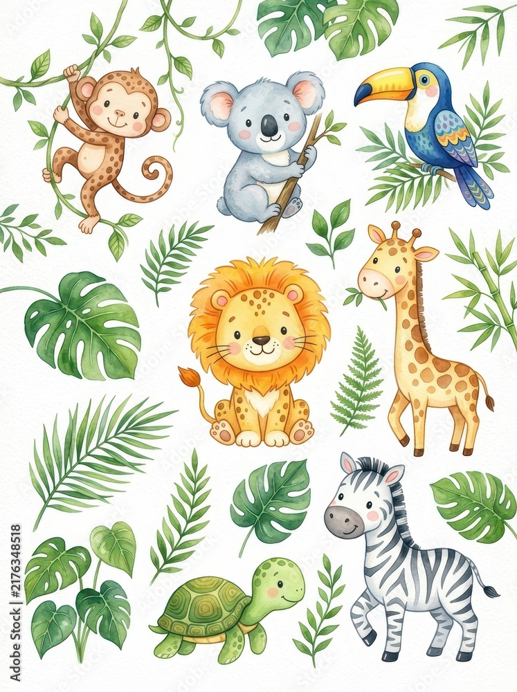 Obraz premium Watercolor Jungle Animals and Tropical Leaves Set - Cute Lion, Giraffe, Zebra, Monkey, Koala, Toucan and Turtle Art