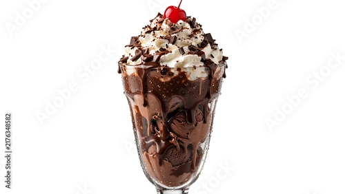 Decadent chocolate ice cream sundae topped with whipped cream, chocolate shavings, and a red cherry