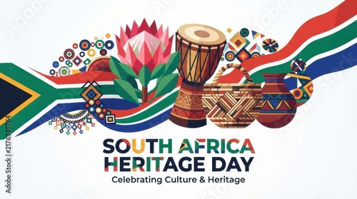 South Africa Heritage Day celebration with cultural icons and flag