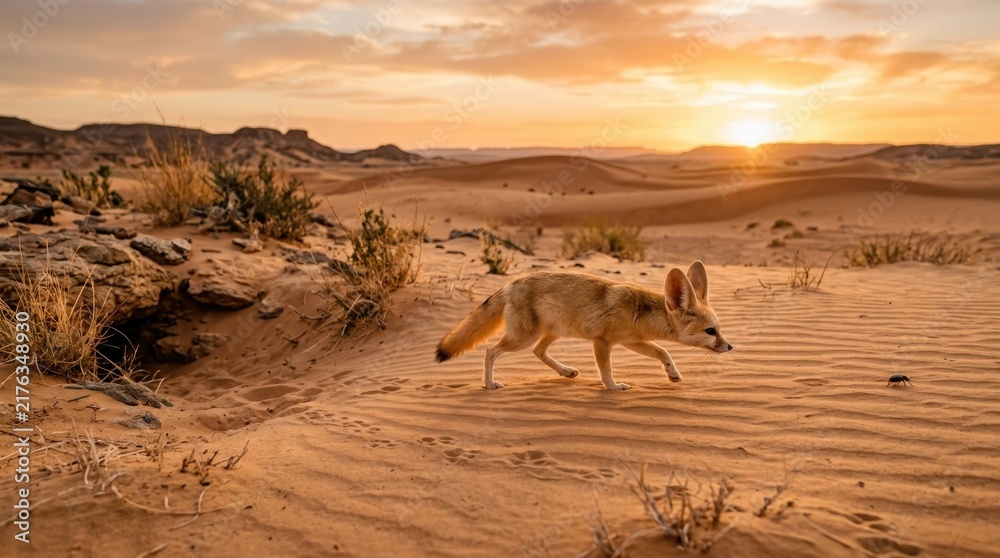 Obraz premium Fennec Fox in the Desert Sunset: A solitary Fennec fox with its characteristic large ears walks across rippled sand dunes as the sun sets, casting a warm golden glow over the arid desert landscape.