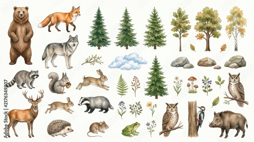Obraz premium Watercolor Forest Animals and Woodland Nature Elements Set - Hand-Drawn Illustrations of Bear, Wolf, Fox, Deer, and Trees