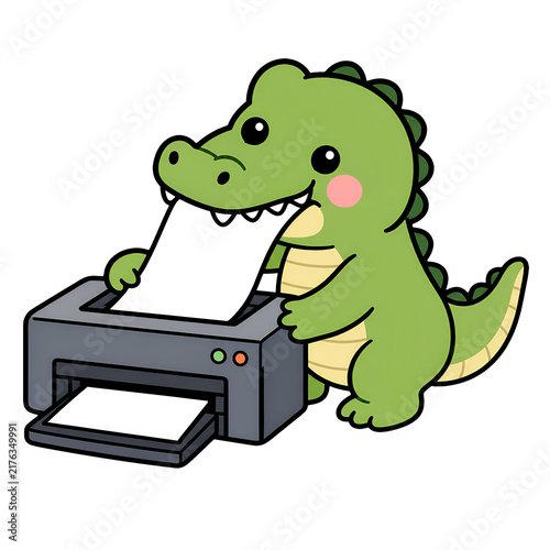 Green crocodile using printer to print paper, cute cartoon illustration with expressive smile and office technology concept
