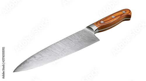 Obraz na płótnie Damascus steel chef knife with wooden handle and metal rivets