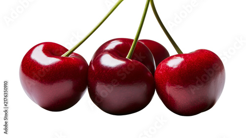 Foto Three ripe red cherries with green stems