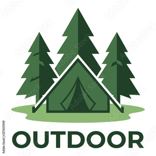 Green outdoor camping logo with pine trees and tent symbol