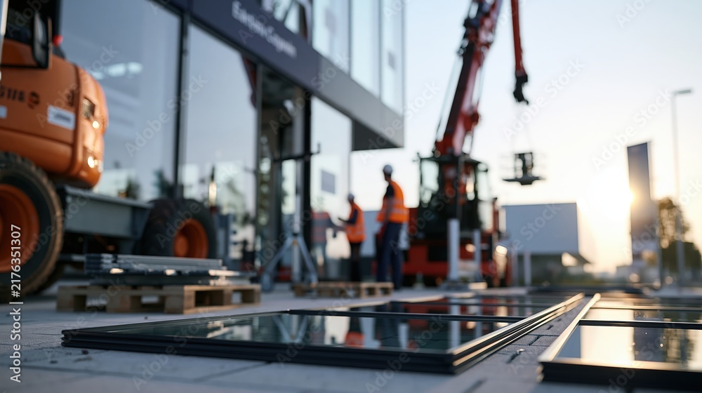 Fototapeta premium Façade installation on modern commercial building with glass panels and construction crew